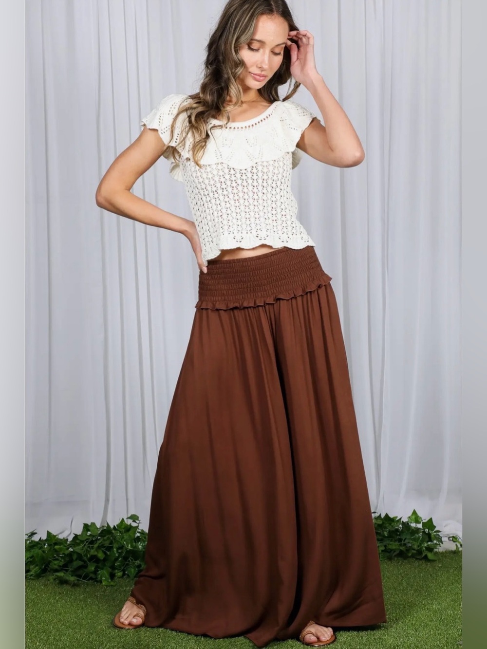 Boho Smocked with Ruffle Wide Leg Pants | SM150 - Picture 4 of 9